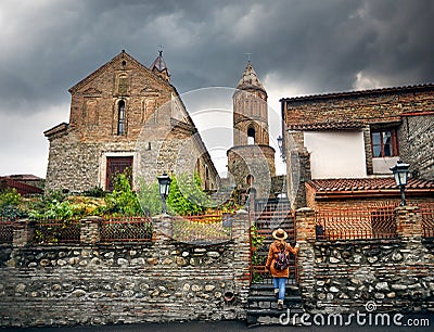 Woman in Signagi town in Georgia Stock Photo